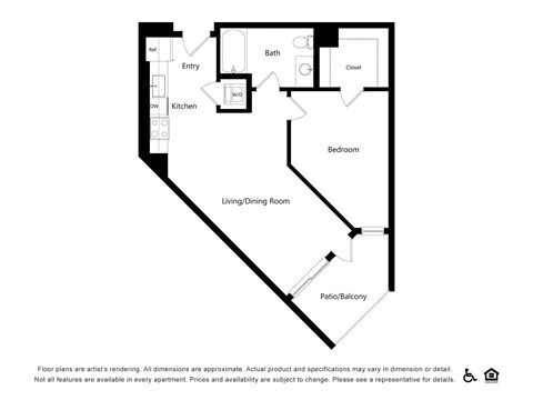 Floor plan for 1 bed, 1 bath, 679 sqft